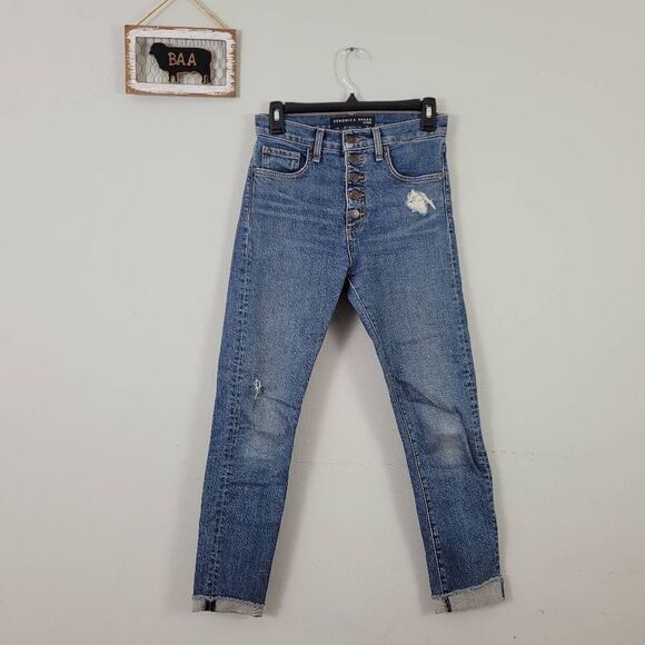 Veronica Beard Faye‎ 11" Skinny Jeans Sz 24 Terrain Distressed Blue Frayed Hem - Picture 1 of 11